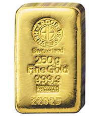 Der Goldbarren Preis bemisst sich am Wert: In diesem Fall ein 250 Gramm Goldbarren aus der Schweiz im Original Stempel