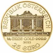 Philharmoniker 1/4 oz Gold, Wertseite mit Orgel aus dem goldenen Saal des Wiener Musikvereins