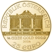 Philharmoniker 1/4 oz Gold, Wertseite mit Orgel aus dem goldenen Saal des Wiener Musikvereins