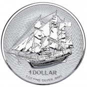 Cook Islands 1 oz Silber - Die Vorderseite zeigt eine Abbildung des Segelschiffs Bounty 