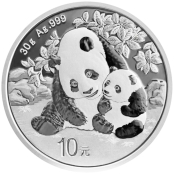 Panda 30 g Silber 2024 - Die Motivseite zeigt einen Panda liegend auf einem kleinen Bambuszweig