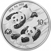 Panda 30 g Silber 2022 - Die Motivseite zeigt einen Panda liegend auf einem kleinen Bambuszweig
