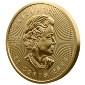 Maplegram Gold 2023 - Auf der Vorderseite der Münze ist das charakteristische Ahornblatt abgebildet.